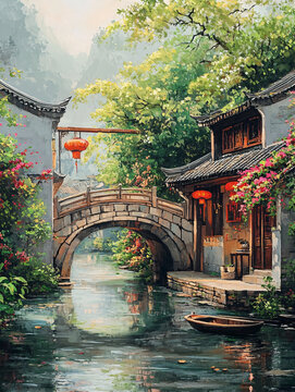 小桥流水油画装饰画