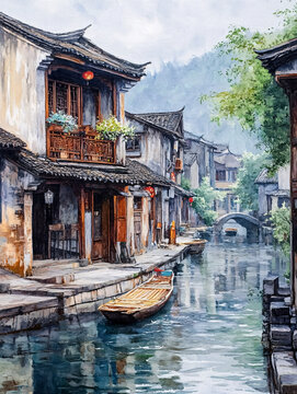 江南古镇油画效果