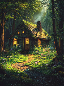 林中小屋油画