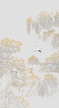 手绘水墨墨韵山水玄关挂画图