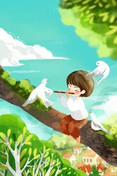 立春节气春天小女孩坐树上吹笛子场景插画