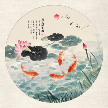 国画荷花鲤鱼图