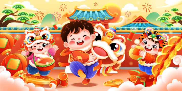 新年春节福娃舞狮贺当场景插画
