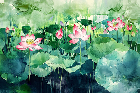意境风景画水彩荷花