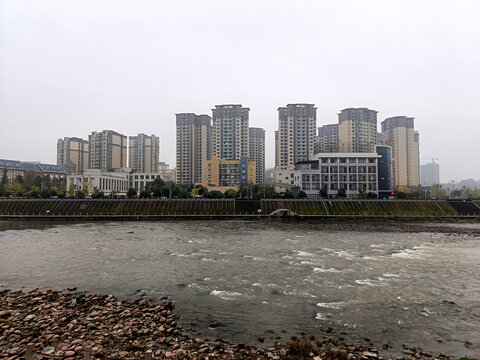 荥经经河东城新区高楼耸立建筑雾景风光
