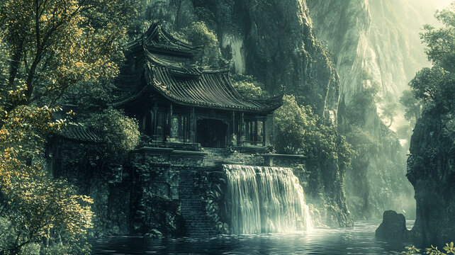亭台楼阁流水瀑布
