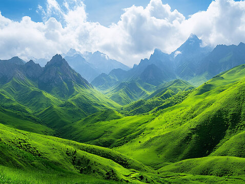 蓝天白云山脉草地背景