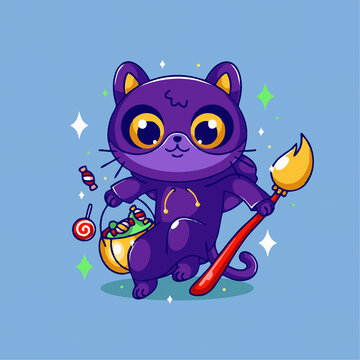可爱趣味蓝猫画家矢量卡通插画