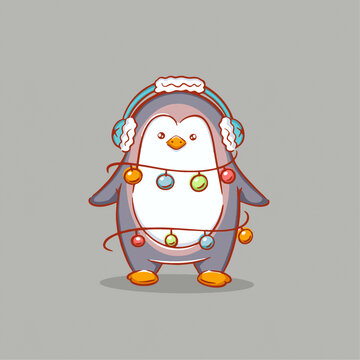 可爱趣味耳机音乐企鹅卡通插画