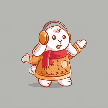 可爱趣味兔子听音乐服装矢量Q版卡通插画