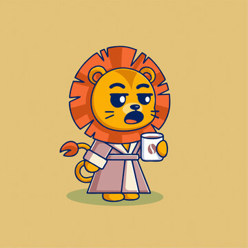 可爱猛兽狮子咖啡矢量Q版卡通插画