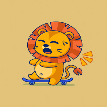 可爱猛兽狮子滑板矢量Q版卡通插画