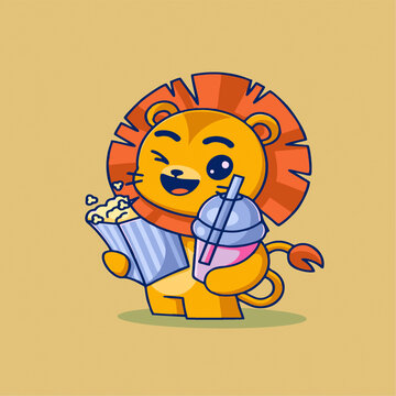 可爱猛兽狮子奶茶爆米花矢量Q版卡通插画