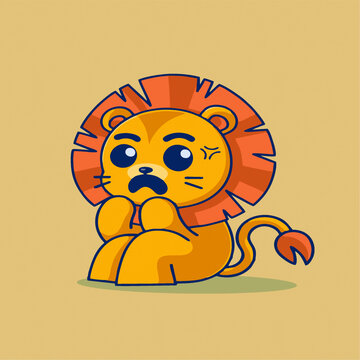 可爱猛兽狮子坐着思考矢量Q版卡通插画