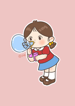儿童插画吹泡泡的女孩