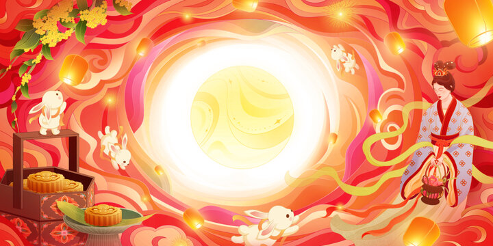 中秋节嫦娥玉兔月饼桂花孔明灯满月插画