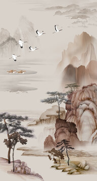 新中式竖幅玄关山水画