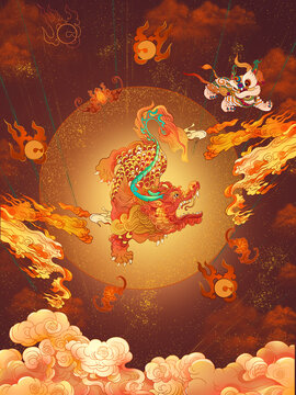 春节舞狮喜庆祝福鸿运当头插画
