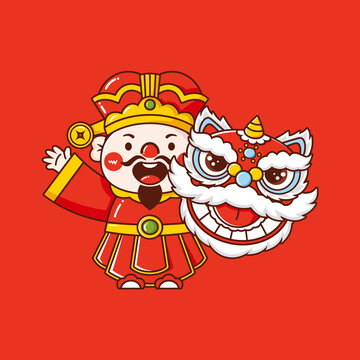 国潮财神醒狮矢量插画
