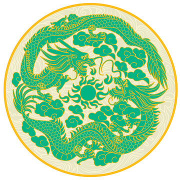 中式传统建筑青龙图腾纹样纹理矢量图