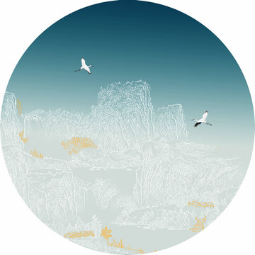 中式瑞鹤图山水线描山水描金挂画