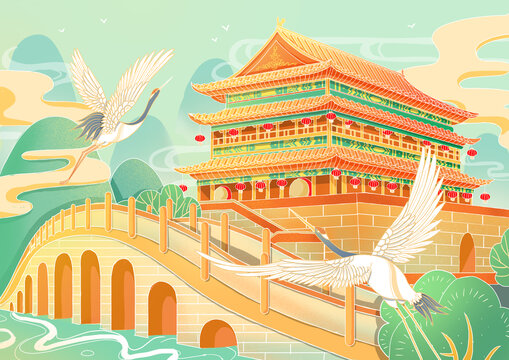 国潮建筑和桥