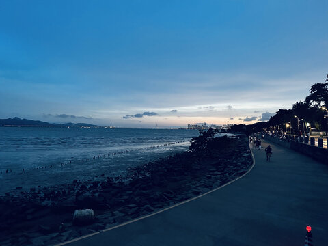 深圳湾红树林公园海边景观夕阳散步