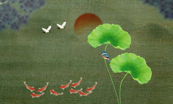 荷花九鱼图
