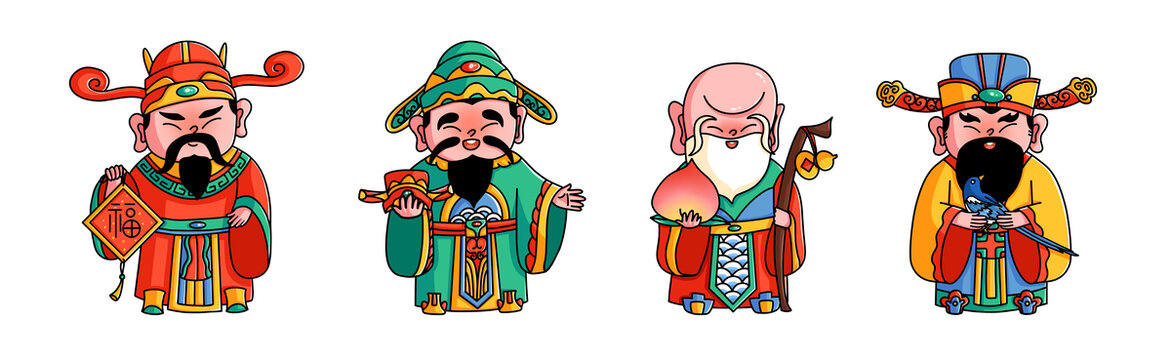 新春中国传统卡通福禄寿喜神仙