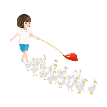 小朋友赶鸭子卡通手绘插画免扣PNG