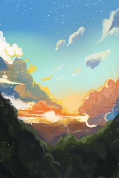 天空晚霞云治愈系卡通手绘插画