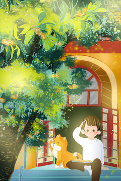 节气秋分秋天欣赏桂花树阳台窗户治愈系插画