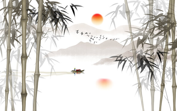中式竹子山水画