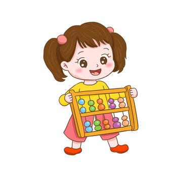 手绘卡通小孩手拿算盘免抠元素