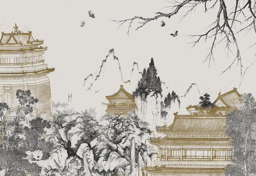 亭台楼阁山水新中式背景