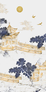 别墅挑高新中式山水壁画背景墙亭台楼阁