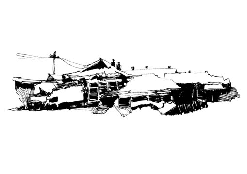 寒冷冬日村落手绘民居