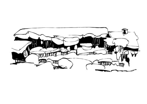 雪乡雪村雪蘑菇北方民居钢笔画矢量图
