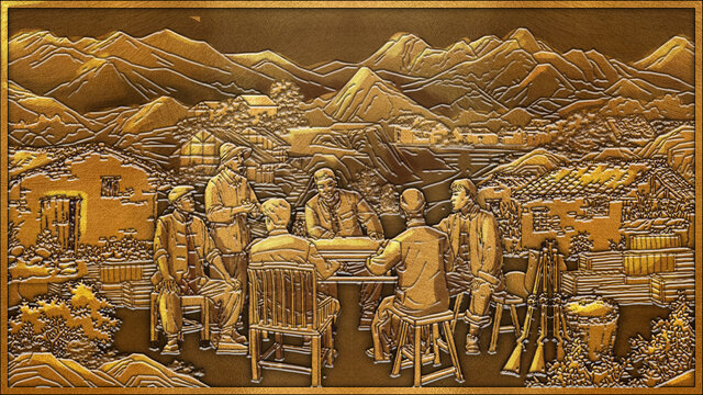 会议浮雕效果图土地红色文化开会农村场景