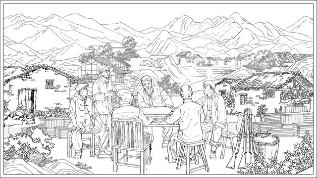 会议浮雕设计线描图源文件分图层土地农村