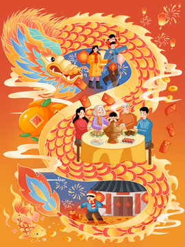 春节家人团聚吃火锅看灯放炮仗创意插画