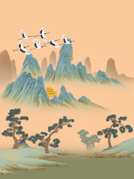 高清青绿山水仙鹤图