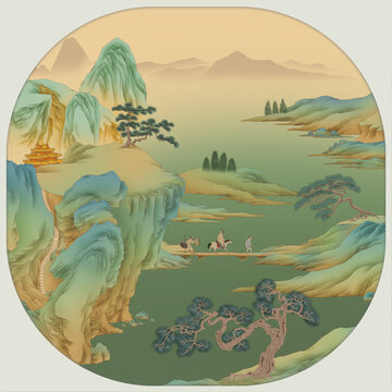 山水镜心手绘宫扇