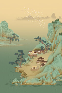 青绿山水立轴手绘