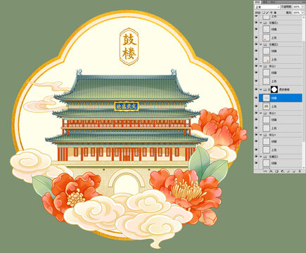 西安鼓楼古建筑文创冰箱贴插画