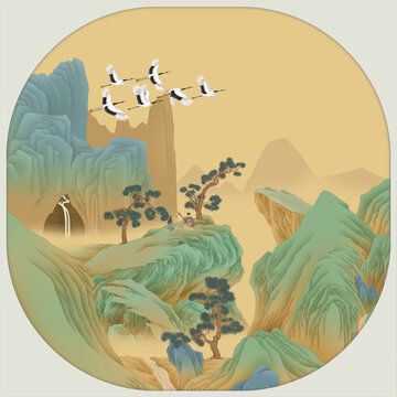 山水镜心手绘宫扇
