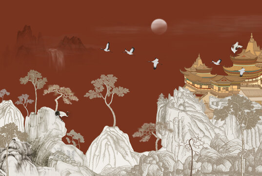 高端新中式楼阁山水背景墙