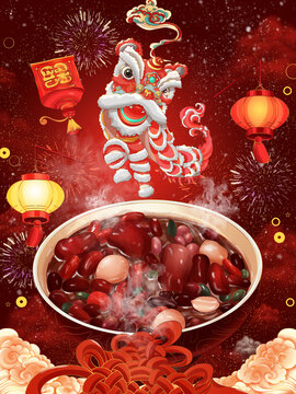 春节腊八粥舞狮庆祝节日插画