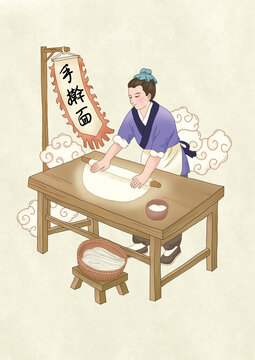 传统美食手擀面人物插画