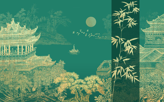 中式山水楼阁背景墙